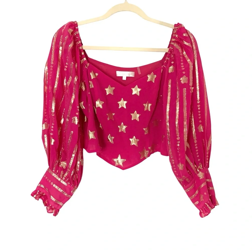 LoveShackFancy Pink and Gold Star Patterned Puff Sleeve Cropped Women's 6 Top